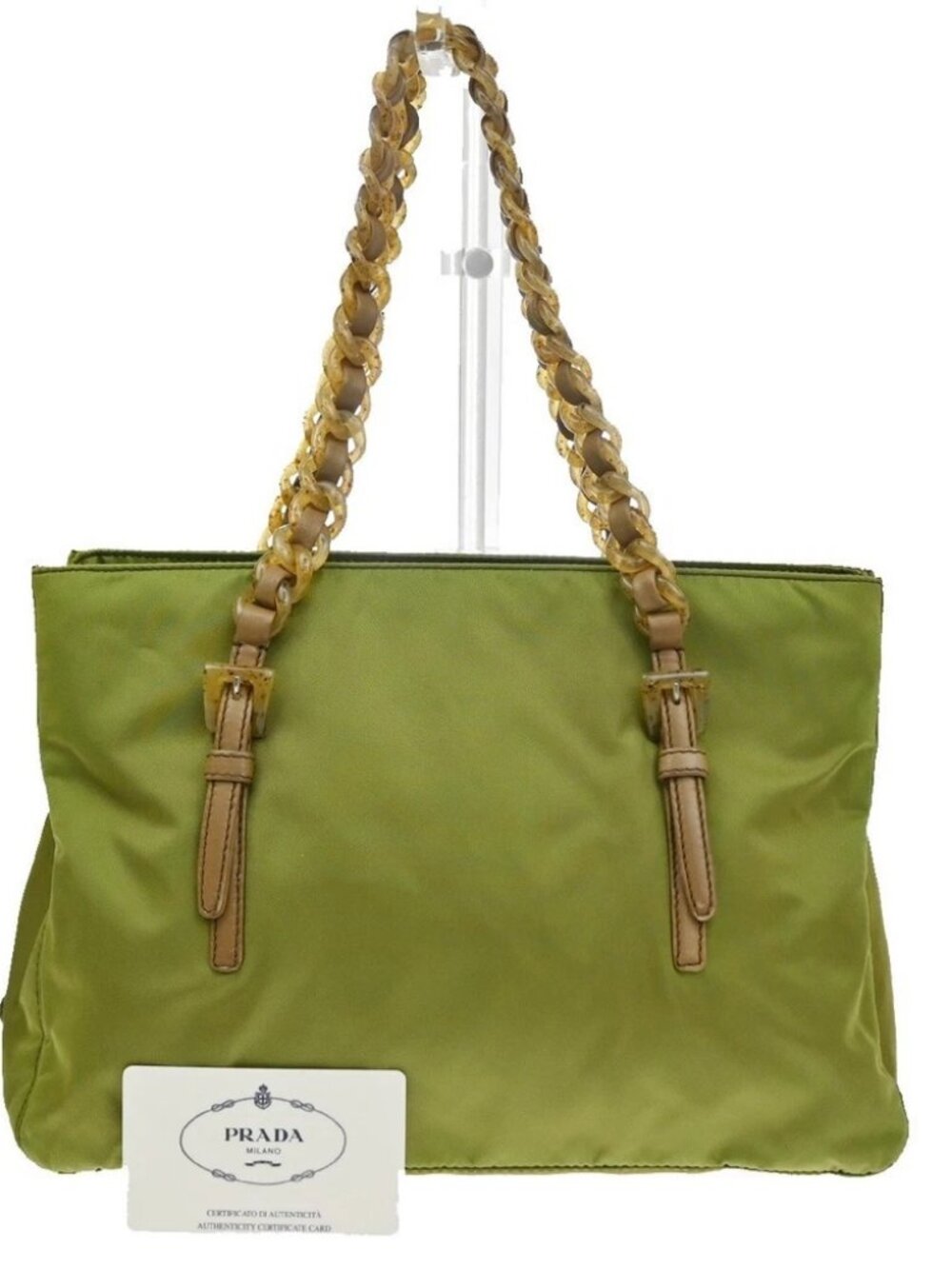PRADA MILANO Logo Shoulder Hand Bag Nylon Tessuto Leather Green 04CB020